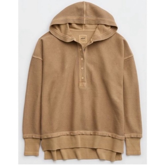 Aerie Oversized Ribbed Textured Snapped Henley Hoodie Tan Size XS - Picture 1 of 15